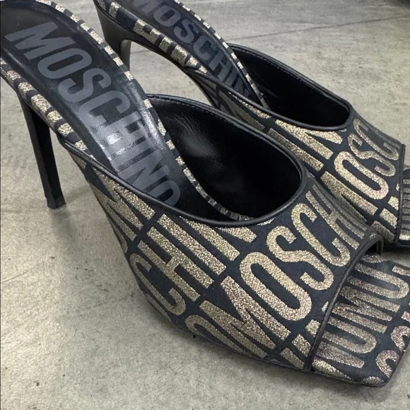Moschino Black and Gold Logo Mules - Picture 4 of 6